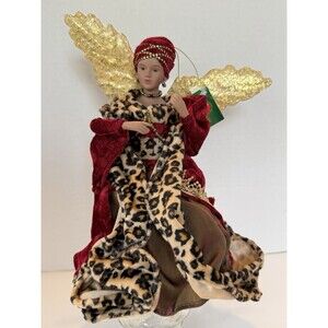 African American ANGEL CHRISTMAS TREE TOPPER Gold Wings Cheetah Print Kurt Adler